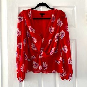 Red Floral V Neck Blouse